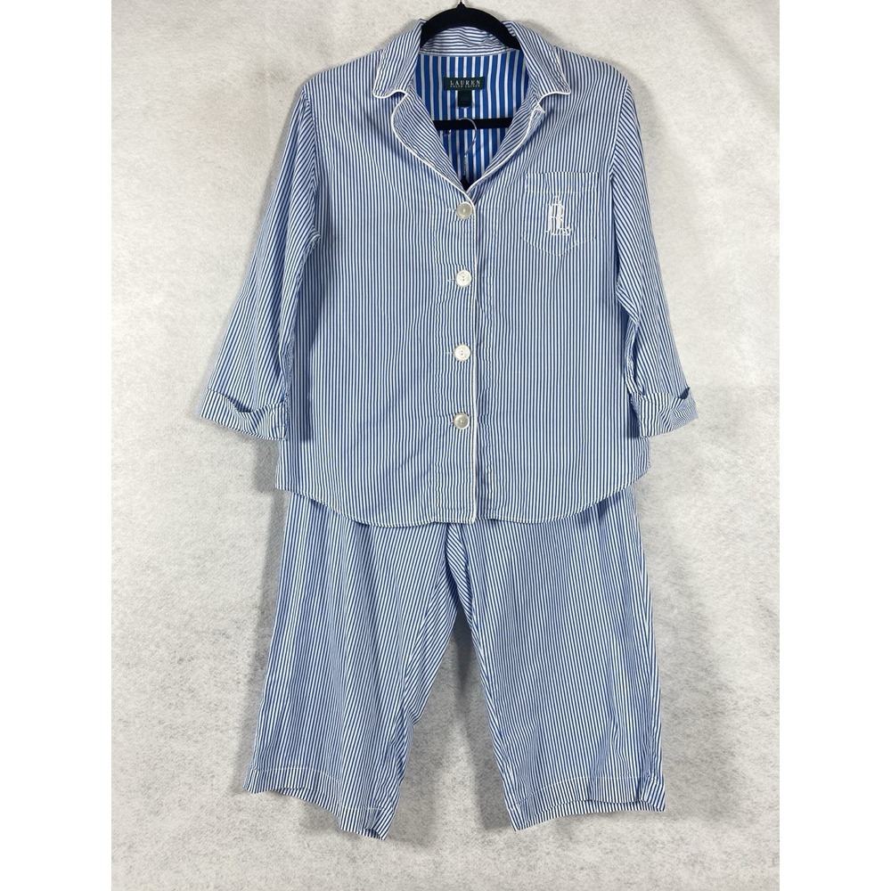 Lauren Ralph Lauren Pajama Set Women's Medium‎ Blue White Long Sleeve Striped